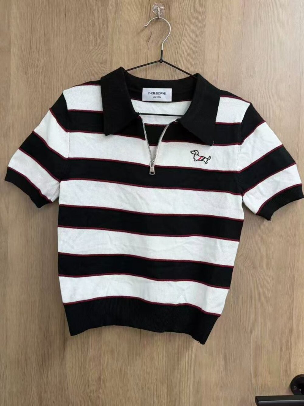 ⚫Thom Browne Black White Red Stripe Half Zip Polo Dachshund Knit Top - Picture 5 of 7